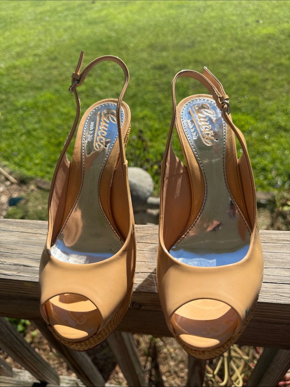 Gucci Beige/Tan Peep-Toe Slingback Wedge Heels